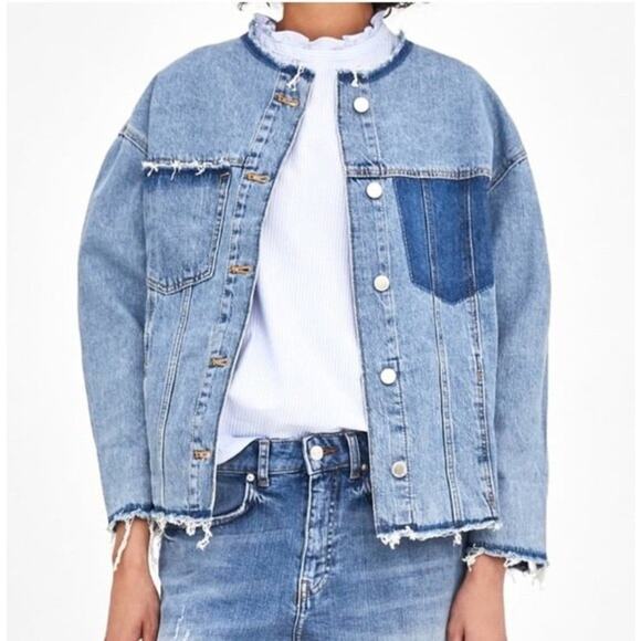 ZARA TRF Collarless Frayed Denim Jacket Size XS - Picture 14 of 14